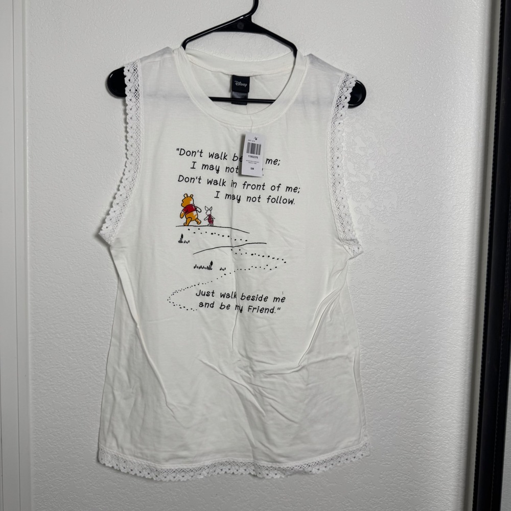 Disney Winnie the Pooh Tank Top Women Small White Lace Trim Quote Graphic NWT